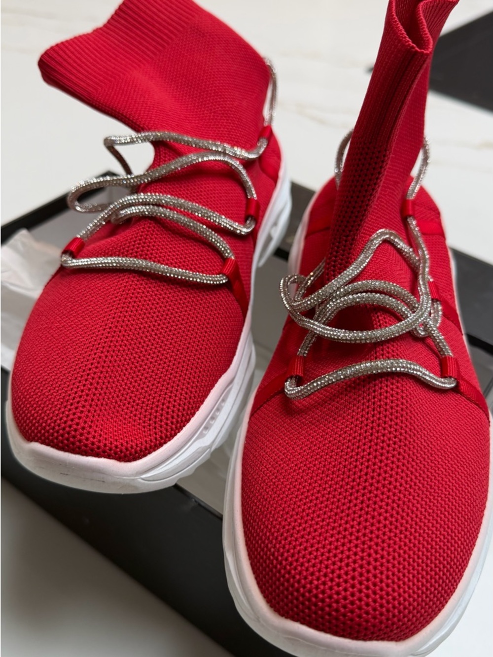 Red Knit Sock Sneakers with Silver Rope Laces Azalea Wang.